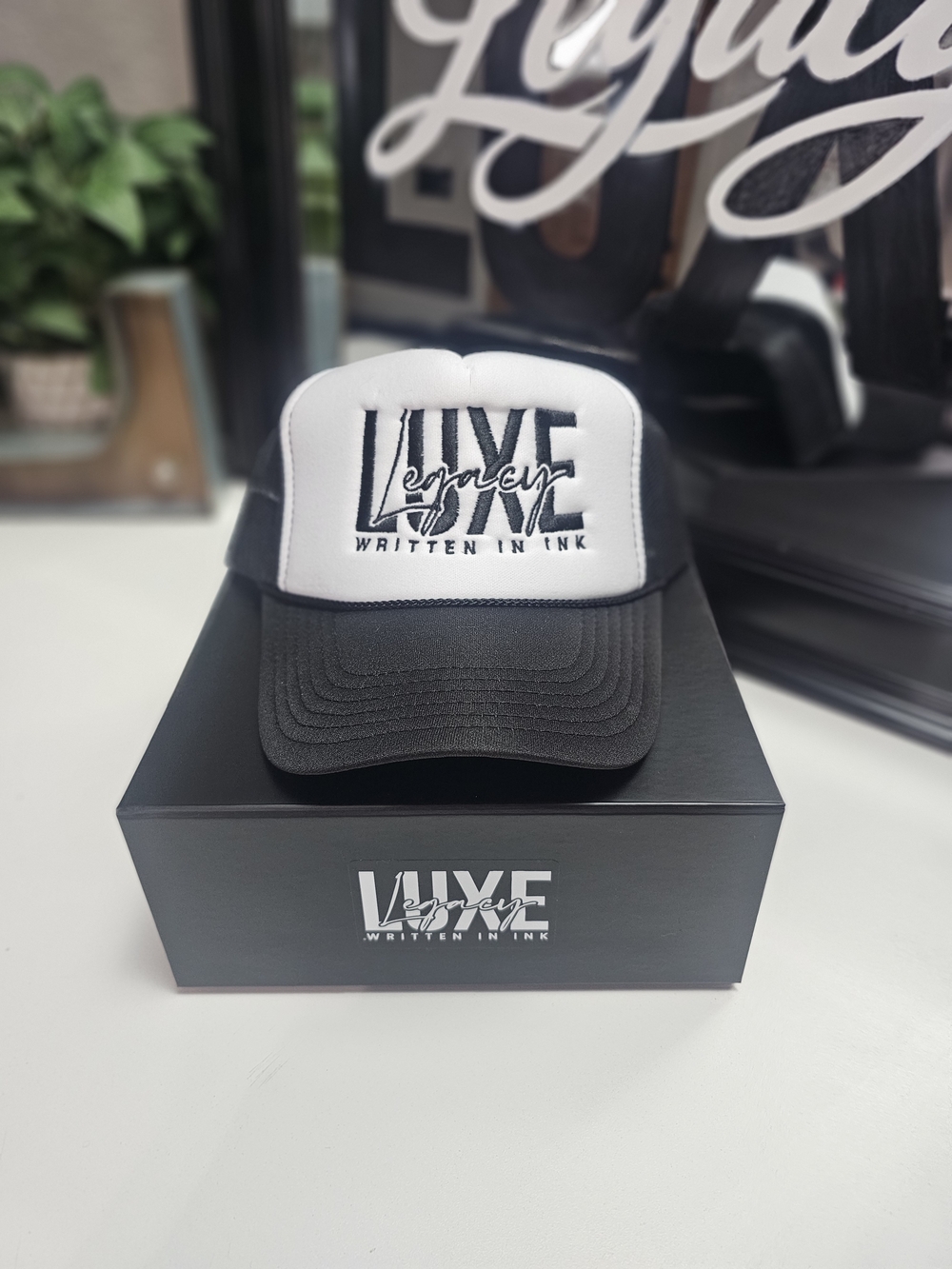 Luxe Legacy Black & White Embroidered  Trucker Hat